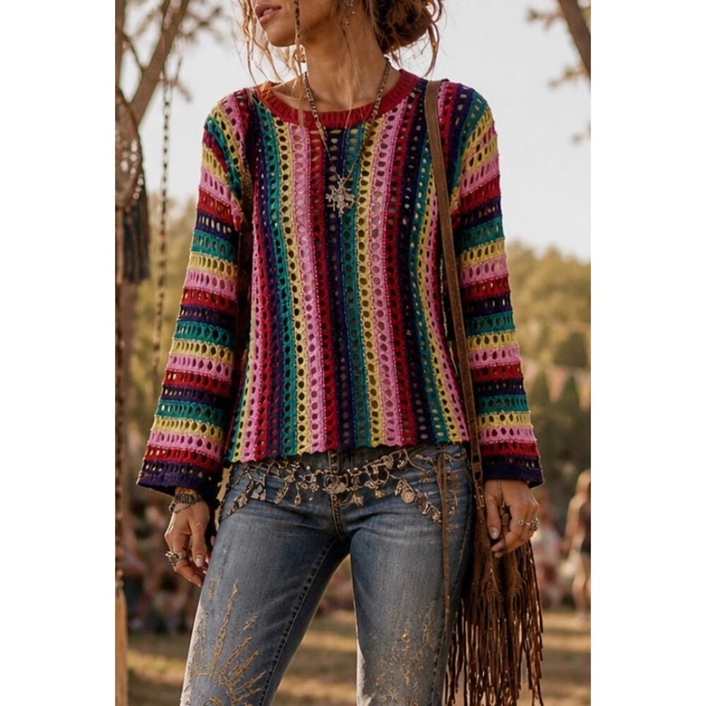 Free as a bird rainbow open knit tunic sweater bell flare sleeve striped boho S
